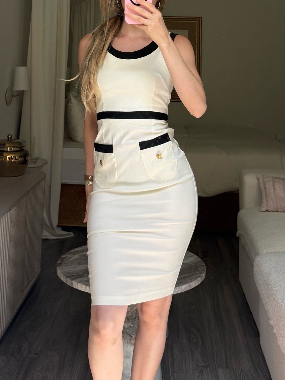 Vesper London Old Money Contrast Trim Pencil Dress Ivory Black Size 8 NWT